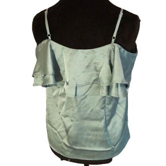 A’Gaci Satin Glam Ruffle Top with Adjustable Spaghetti Straps, Sage Green, Small - Picture 2 of 3